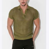 Hearujoy Summer Mens Hollow Out Knit Polo Shirts Sexy See Through Short Sleeve V-lapel Tops Fashion Mesh Loose Casual T-shirt Streetwear